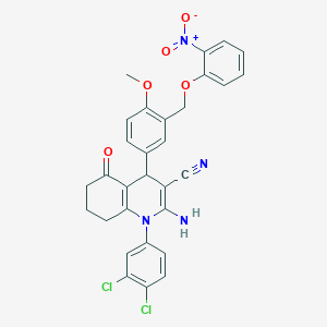 molecular formula C30H24Cl2N4O5 B454174 2-Amino-1-(3,4-dichlorophenyl)-4-[3-({2-nitrophenoxy}methyl)-4-methoxyphenyl]-5-oxo-1,4,5,6,7,8-hexahydro-3-quinolinecarbonitrile 