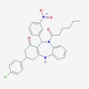 molecular formula C31H30ClN3O4 B454181 3-(4-chlorophenyl)-10-hexanoyl-11-(3-nitrophenyl)-2,3,4,5,10,11-hexahydro-1H-dibenzo[b,e][1,4]diazepin-1-one 