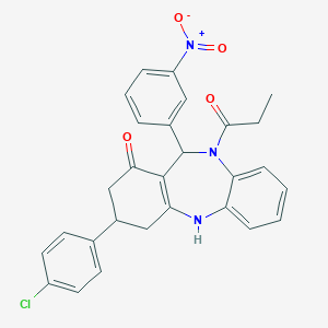 molecular formula C28H24ClN3O4 B454182 3-(4-chlorophenyl)-11-(3-nitrophenyl)-10-propanoyl-2,3,4,5,10,11-hexahydro-1H-dibenzo[b,e][1,4]diazepin-1-one 