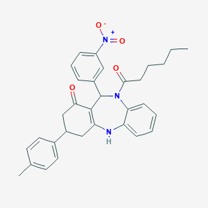 molecular formula C32H33N3O4 B454183 10-hexanoyl-11-{3-nitrophenyl}-3-(4-methylphenyl)-2,3,4,5,10,11-hexahydro-1H-dibenzo[b,e][1,4]diazepin-1-one 