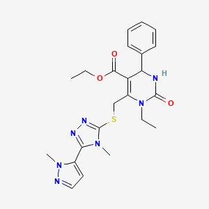 molecular formula C23H27N7O3S B4541870 ethyl 1-ethyl-6-({[4-methyl-5-(1-methyl-1H-pyrazol-5-yl)-4H-1,2,4-triazol-3-yl]thio}methyl)-2-oxo-4-phenyl-1,2,3,4-tetrahydro-5-pyrimidinecarboxylate 