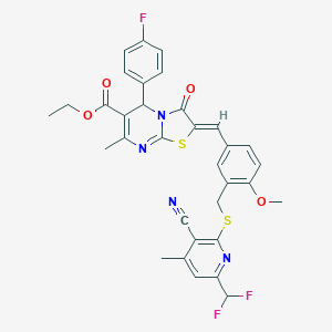 molecular formula C33H27F3N4O4S2 B454261 ethyl (2Z)-2-[3-({[3-cyano-6-(difluoromethyl)-4-methylpyridin-2-yl]sulfanyl}methyl)-4-methoxybenzylidene]-5-(4-fluorophenyl)-7-methyl-3-oxo-2,3-dihydro-5H-[1,3]thiazolo[3,2-a]pyrimidine-6-carboxylate 