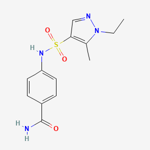 molecular formula C13H16N4O3S B4542664 4-{[(1-ethyl-5-methyl-1H-pyrazol-4-yl)sulfonyl]amino}benzamide 