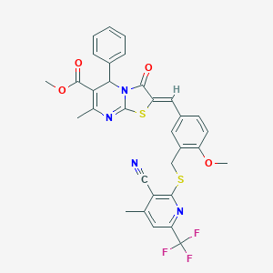 molecular formula C32H25F3N4O4S2 B454267 methyl (2Z)-2-[3-({[3-cyano-4-methyl-6-(trifluoromethyl)pyridin-2-yl]sulfanyl}methyl)-4-methoxybenzylidene]-7-methyl-3-oxo-5-phenyl-2,3-dihydro-5H-[1,3]thiazolo[3,2-a]pyrimidine-6-carboxylate 