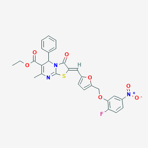 molecular formula C28H22FN3O7S B454295 ethyl 2-{[5-({2-fluoro-5-nitrophenoxy}methyl)-2-furyl]methylene}-7-methyl-3-oxo-5-phenyl-2,3-dihydro-5H-[1,3]thiazolo[3,2-a]pyrimidine-6-carboxylate 