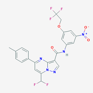 molecular formula C23H16F5N5O4 B454297 7-(difluoromethyl)-5-(4-methylphenyl)-N-[3-nitro-5-(2,2,2-trifluoroethoxy)phenyl]pyrazolo[1,5-a]pyrimidine-3-carboxamide 