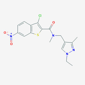 molecular formula C17H17ClN4O3S B454305 3-chloro-N-[(1-ethyl-3-methyl-1H-pyrazol-4-yl)methyl]-6-nitro-N-methyl-1-benzothiophene-2-carboxamide 