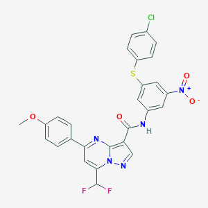 molecular formula C27H18ClF2N5O4S B454311 N-{3-[(4-chlorophenyl)sulfanyl]-5-nitrophenyl}-7-(difluoromethyl)-5-(4-methoxyphenyl)pyrazolo[1,5-a]pyrimidine-3-carboxamide 