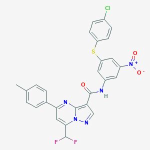 molecular formula C27H18ClF2N5O3S B454314 N-{3-[(4-chlorophenyl)sulfanyl]-5-nitrophenyl}-7-(difluoromethyl)-5-(4-methylphenyl)pyrazolo[1,5-a]pyrimidine-3-carboxamide 
