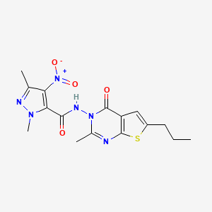 molecular formula C16H18N6O4S B4543290 1,3-dimethyl-N-(2-methyl-4-oxo-6-propylthieno[2,3-d]pyrimidin-3(4H)-yl)-4-nitro-1H-pyrazole-5-carboxamide 