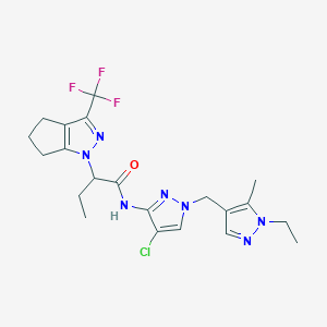 molecular formula C21H25ClF3N7O B4543311 N-{4-chloro-1-[(1-ethyl-5-methyl-1H-pyrazol-4-yl)methyl]-1H-pyrazol-3-yl}-2-[3-(trifluoromethyl)-5,6-dihydrocyclopenta[c]pyrazol-1(4H)-yl]butanamide 