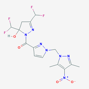 molecular formula C15H15F4N7O4 B4543348 3,5-bis(difluoromethyl)-1-({1-[(3,5-dimethyl-4-nitro-1H-pyrazol-1-yl)methyl]-1H-pyrazol-3-yl}carbonyl)-4,5-dihydro-1H-pyrazol-5-ol 