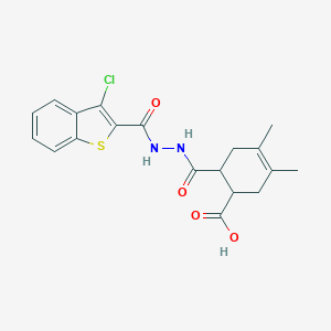 molecular formula C19H19ClN2O4S B454344 6-({2-[(3-Chloro-1-benzothien-2-yl)carbonyl]hydrazino}carbonyl)-3,4-dimethyl-3-cyclohexene-1-carboxylic acid 