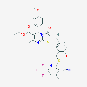 molecular formula C34H29F3N4O5S2 B454347 ethyl 2-[3-({[3-cyano-4-methyl-6-(trifluoromethyl)-2-pyridinyl]sulfanyl}methyl)-4-methoxybenzylidene]-5-(4-methoxyphenyl)-7-methyl-3-oxo-2,3-dihydro-5H-[1,3]thiazolo[3,2-a]pyrimidine-6-carboxylate 
