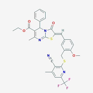 molecular formula C33H27F3N4O4S2 B454349 ethyl (2Z)-2-[3-({[3-cyano-4-methyl-6-(trifluoromethyl)pyridin-2-yl]sulfanyl}methyl)-4-methoxybenzylidene]-7-methyl-3-oxo-5-phenyl-2,3-dihydro-5H-[1,3]thiazolo[3,2-a]pyrimidine-6-carboxylate 