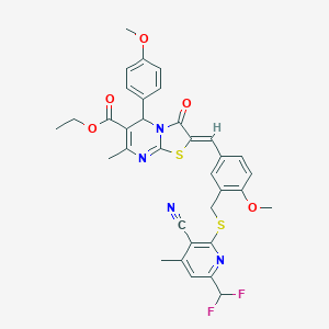 molecular formula C34H30F2N4O5S2 B454355 ethyl (2Z)-2-[3-({[3-cyano-6-(difluoromethyl)-4-methylpyridin-2-yl]sulfanyl}methyl)-4-methoxybenzylidene]-5-(4-methoxyphenyl)-7-methyl-3-oxo-2,3-dihydro-5H-[1,3]thiazolo[3,2-a]pyrimidine-6-carboxylate 