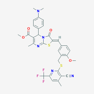 molecular formula C34H30F3N5O4S2 B454368 methyl (2Z)-2-[3-({[3-cyano-4-methyl-6-(trifluoromethyl)pyridin-2-yl]sulfanyl}methyl)-4-methoxybenzylidene]-5-[4-(dimethylamino)phenyl]-7-methyl-3-oxo-2,3-dihydro-5H-[1,3]thiazolo[3,2-a]pyrimidine-6-c 