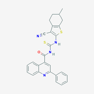 molecular formula C27H22N4OS2 B454698 N-[(3-cyano-6-methyl-4,5,6,7-tetrahydro-1-benzothiophen-2-yl)carbamothioyl]-2-phenylquinoline-4-carboxamide 