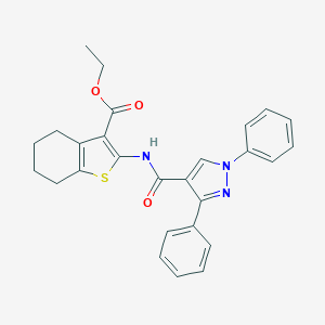 molecular formula C27H25N3O3S B454703 Ethyl 2-[(1,3-diphenylpyrazole-4-carbonyl)amino]-4,5,6,7-tetrahydro-1-benzothiophene-3-carboxylate CAS No. 496834-86-7