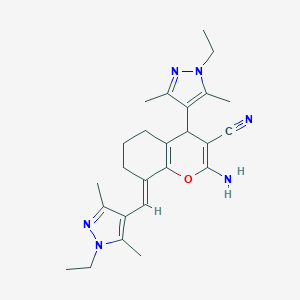 molecular formula C25H32N6O B454729 (8E)-2-amino-4-(1-ethyl-3,5-dimethyl-1H-pyrazol-4-yl)-8-[(1-ethyl-3,5-dimethyl-1H-pyrazol-4-yl)methylidene]-5,6,7,8-tetrahydro-4H-chromene-3-carbonitrile 