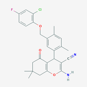 molecular formula C27H26ClFN2O3 B454758 2-amino-4-{5-[(2-chloro-4-fluorophenoxy)methyl]-2,4-dimethylphenyl}-7,7-dimethyl-5-oxo-5,6,7,8-tetrahydro-4H-chromene-3-carbonitrile 