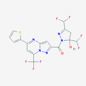 molecular formula C17H10F7N5O2S B454760 [3,5-bis(difluoromethyl)-5-hydroxy-4,5-dihydro-1H-pyrazol-1-yl][5-(thiophen-2-yl)-7-(trifluoromethyl)pyrazolo[1,5-a]pyrimidin-2-yl]methanone 