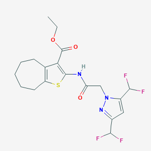 molecular formula C19H21F4N3O3S B454763 ethyl 2-({[3,5-bis(difluoromethyl)-1H-pyrazol-1-yl]acetyl}amino)-5,6,7,8-tetrahydro-4H-cyclohepta[b]thiophene-3-carboxylate 