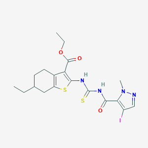 molecular formula C19H23IN4O3S2 B454771 ethyl 6-ethyl-2-({[(4-iodo-1-methyl-1H-pyrazol-5-yl)carbonyl]carbamothioyl}amino)-4,5,6,7-tetrahydro-1-benzothiophene-3-carboxylate 