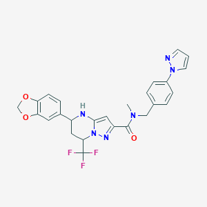 molecular formula C26H23F3N6O3 B454772 5-(1,3-benzodioxol-5-yl)-N-methyl-N-[4-(1H-pyrazol-1-yl)benzyl]-7-(trifluoromethyl)-4,5,6,7-tetrahydropyrazolo[1,5-a]pyrimidine-2-carboxamide 