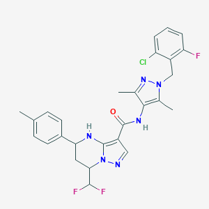 molecular formula C27H26ClF3N6O B454773 N-[1-(2-chloro-6-fluorobenzyl)-3,5-dimethyl-1H-pyrazol-4-yl]-7-(difluoromethyl)-5-(4-methylphenyl)-4,5,6,7-tetrahydropyrazolo[1,5-a]pyrimidine-3-carboxamide 