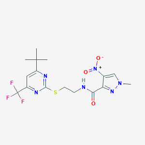 molecular formula C16H19F3N6O3S B454789 N-(2-{[4-tert-butyl-6-(trifluoromethyl)-2-pyrimidinyl]sulfanyl}ethyl)-4-nitro-1-methyl-1H-pyrazole-3-carboxamide 