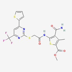 molecular formula C19H15F3N4O4S3 B4548129 methyl 4-(aminocarbonyl)-3-methyl-5-[({[4-(2-thienyl)-6-(trifluoromethyl)-2-pyrimidinyl]thio}acetyl)amino]-2-thiophenecarboxylate 