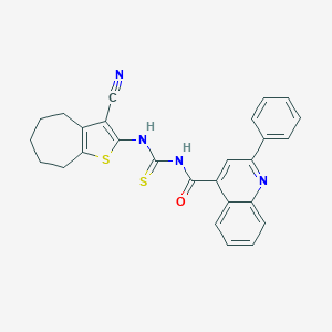 molecular formula C27H22N4OS2 B454814 N-[(3-cyano-5,6,7,8-tetrahydro-4H-cyclohepta[b]thiophen-2-yl)carbamothioyl]-2-phenylquinoline-4-carboxamide 