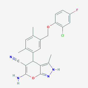 molecular formula C23H20ClFN4O2 B454824 6-Amino-4-{5-[(2-chloro-4-fluorophenoxy)methyl]-2,4-dimethylphenyl}-3-methyl-1,4-dihydropyrano[2,3-c]pyrazole-5-carbonitrile 