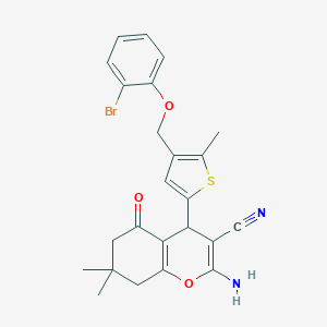 molecular formula C24H23BrN2O3S B454833 2-amino-4-{4-[(2-bromophenoxy)methyl]-5-methyl-2-thienyl}-7,7-dimethyl-5-oxo-5,6,7,8-tetrahydro-4H-chromene-3-carbonitrile 