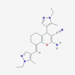 molecular formula C23H28N6O B454843 (8E)-2-amino-4-(1-ethyl-5-methyl-1H-pyrazol-4-yl)-8-[(1-ethyl-5-methyl-1H-pyrazol-4-yl)methylidene]-5,6,7,8-tetrahydro-4H-chromene-3-carbonitrile 