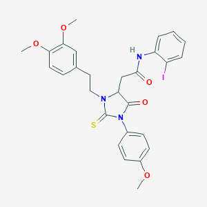 molecular formula C28H28IN3O5S B454846 2-[3-[2-(3,4-dimethoxyphenyl)ethyl]-1-(4-methoxyphenyl)-5-oxo-2-thioxo-4-imidazolidinyl]-N-(2-iodophenyl)acetamide 