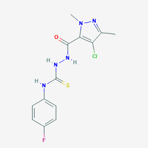 molecular formula C13H13ClFN5OS B454853 2-[(4-chloro-1,3-dimethyl-1H-pyrazol-5-yl)carbonyl]-N-(4-fluorophenyl)hydrazinecarbothioamide 