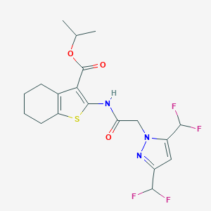 molecular formula C19H21F4N3O3S B454858 isopropyl 2-({[3,5-bis(difluoromethyl)-1H-pyrazol-1-yl]acetyl}amino)-4,5,6,7-tetrahydro-1-benzothiophene-3-carboxylate 
