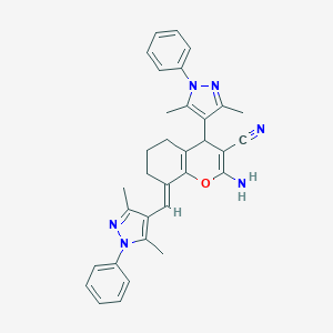 molecular formula C33H32N6O B454859 (8E)-2-amino-4-(3,5-dimethyl-1-phenyl-1H-pyrazol-4-yl)-8-[(3,5-dimethyl-1-phenyl-1H-pyrazol-4-yl)methylene]-5,6,7,8-tetrahydro-4H-chromene-3-carbonitrile 