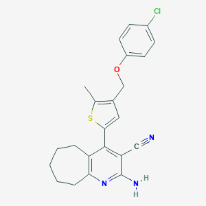 molecular formula C23H22ClN3OS B454860 2-amino-4-{4-[(4-chlorophenoxy)methyl]-5-methyl-2-thienyl}-6,7,8,9-tetrahydro-5H-cyclohepta[b]pyridine-3-carbonitrile 