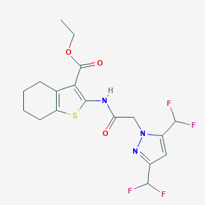 molecular formula C18H19F4N3O3S B454869 ethyl 2-({[3,5-bis(difluoromethyl)-1H-pyrazol-1-yl]acetyl}amino)-4,5,6,7-tetrahydro-1-benzothiophene-3-carboxylate 