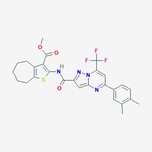 molecular formula C27H25F3N4O3S B454908 methyl 2-({[5-(3,4-dimethylphenyl)-7-(trifluoromethyl)pyrazolo[1,5-a]pyrimidin-2-yl]carbonyl}amino)-5,6,7,8-tetrahydro-4H-cyclohepta[b]thiophene-3-carboxylate 