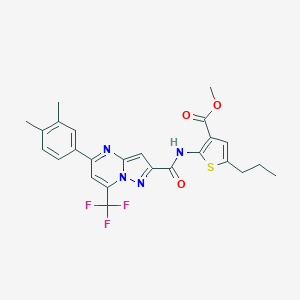 molecular formula C25H23F3N4O3S B454911 Methyl 2-({[5-(3,4-dimethylphenyl)-7-(trifluoromethyl)pyrazolo[1,5-a]pyrimidin-2-yl]carbonyl}amino)-5-propyl-3-thiophenecarboxylate 