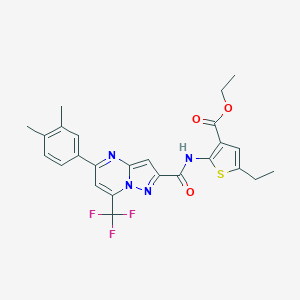 molecular formula C25H23F3N4O3S B454914 Ethyl 2-({[5-(3,4-dimethylphenyl)-7-(trifluoromethyl)pyrazolo[1,5-a]pyrimidin-2-yl]carbonyl}amino)-5-ethyl-3-thiophenecarboxylate 