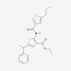 molecular formula C23H25NO3S2 B454921 Ethyl 5-(1-phenylethyl)-2-{[(5-propyl-3-thienyl)carbonyl]amino}-3-thiophenecarboxylate 