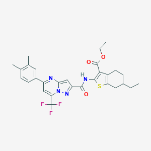 molecular formula C29H29F3N4O3S B454922 Ethyl 2-({[5-(3,4-dimethylphenyl)-7-(trifluoromethyl)pyrazolo[1,5-a]pyrimidin-2-yl]carbonyl}amino)-6-ethyl-4,5,6,7-tetrahydro-1-benzothiophene-3-carboxylate 