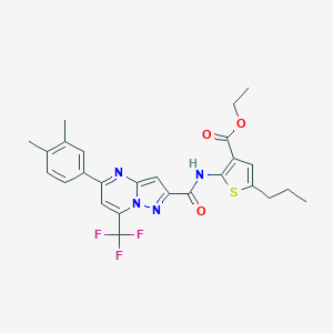 molecular formula C26H25F3N4O3S B454932 Ethyl 2-({[5-(3,4-dimethylphenyl)-7-(trifluoromethyl)pyrazolo[1,5-a]pyrimidin-2-yl]carbonyl}amino)-5-propyl-3-thiophenecarboxylate 