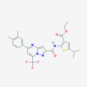 molecular formula C26H25F3N4O3S B454933 Ethyl 2-({[5-(3,4-dimethylphenyl)-7-(trifluoromethyl)pyrazolo[1,5-a]pyrimidin-2-yl]carbonyl}amino)-5-isopropyl-3-thiophenecarboxylate 