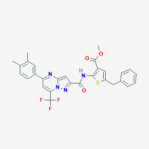 molecular formula C29H23F3N4O3S B454940 Methyl 5-benzyl-2-({[5-(3,4-dimethylphenyl)-7-(trifluoromethyl)pyrazolo[1,5-a]pyrimidin-2-yl]carbonyl}amino)-3-thiophenecarboxylate 